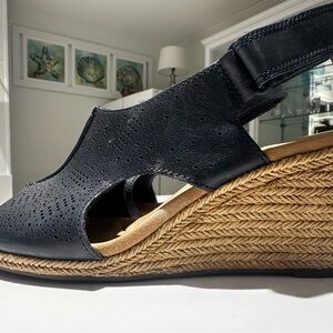 Clarks Black Perforated Wedge Sandals